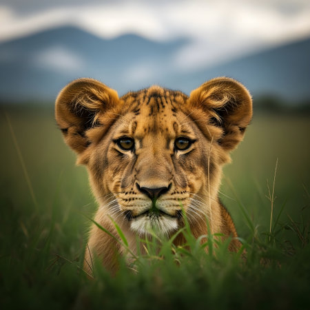 Portrait image or photography of a lioness lying in the grass and observingの素材