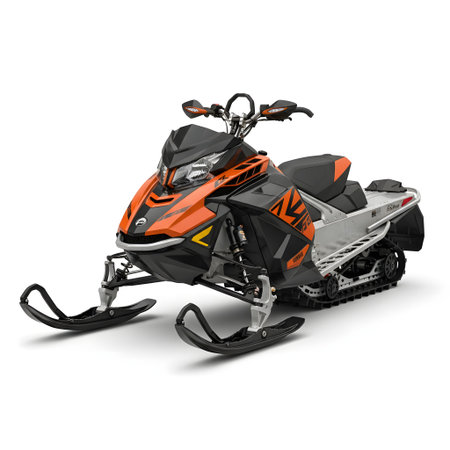 Orange and black colored snowmobile isolated against a plain white backdropの素材