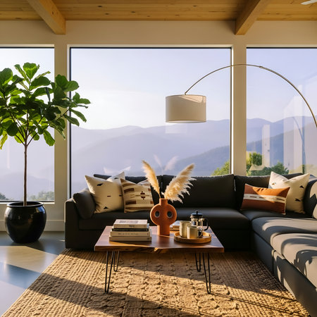 Interior of modern living room with wooden walls, panoramic window overlooking the mountains. 3d renderの素材