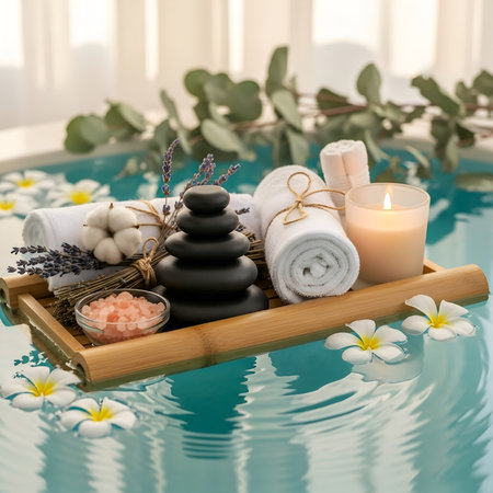 Spa and wellness setting with stones, towel, candle and flowersの素材