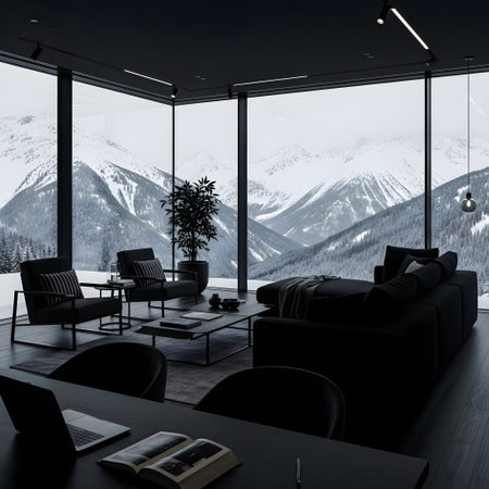 Modern black living room interior with a panoramic window overlooking the mountains.の素材
