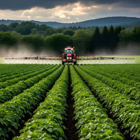 Tractor spraying pesticides on soybean field with sprayer at springの素材