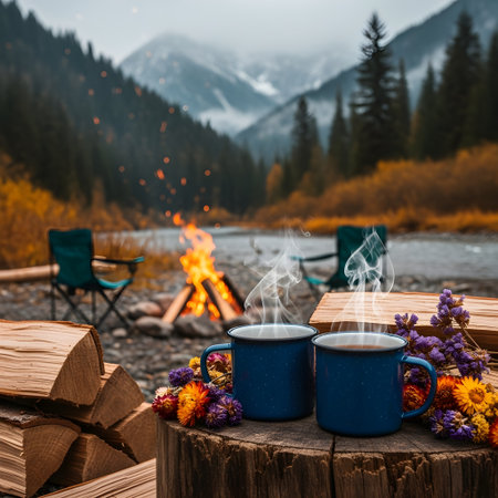 Cups of hot coffee on a campfire in the mountains.の素材