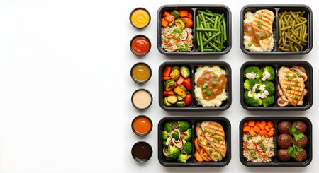 Healthy meal prep containers with meatballs, vegetables and sauce isolated on whiteの素材