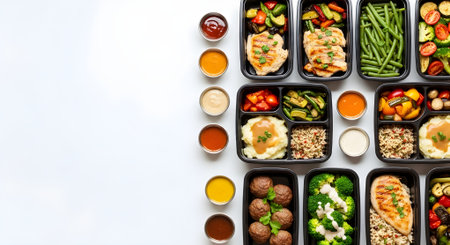Healthy food delivery. Take away of natural organic meals in plastic boxes isolated on whiteの素材