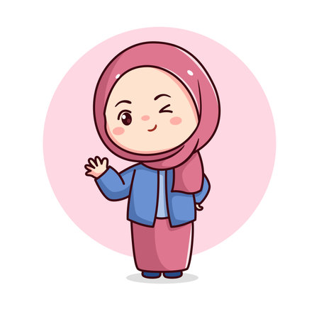 Cute hijab girl waving hand with blue and pink dressのイラスト素材