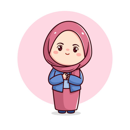 Cute Hijab girl feeling grateful kawaii chibiのイラスト素材