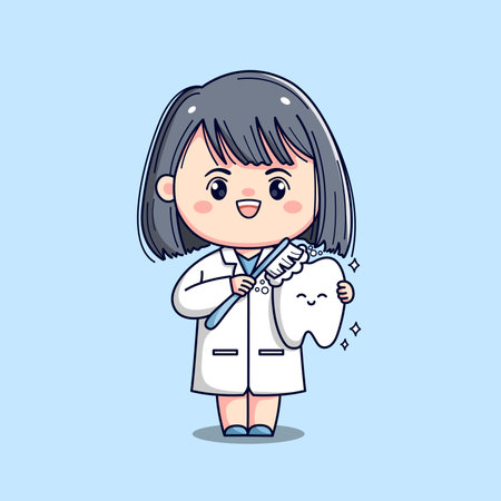 Cute dentist female doctor holding tooth kawaii chibi flat outlined characterのイラスト素材