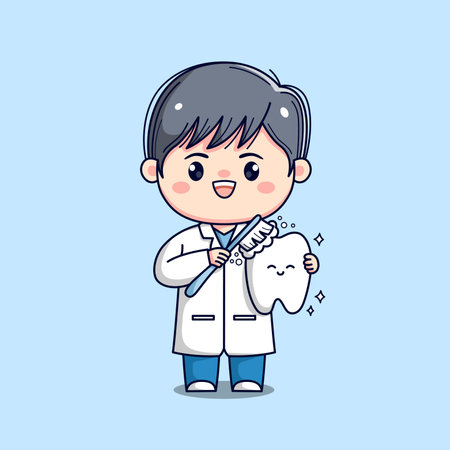 Cute dentist male doctor holding tooth kawaii chibi flat outlined characterのイラスト素材