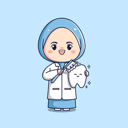 Cute dentist hijab female doctor holding tooth kawaii chibi flat outlined characterのイラスト素材