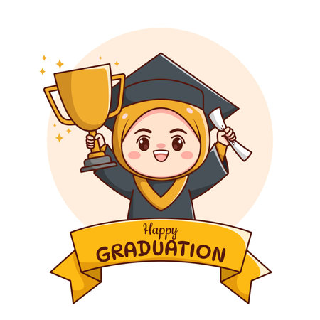 Banner or ribbon happy graduation muslim hijab girl with holding trophy and paper cute kawaii chibi cartoonのイラスト素材