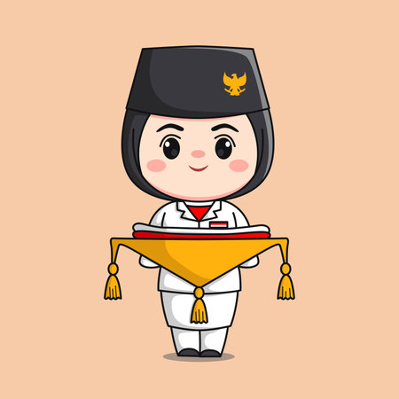indonesia independence day flag raiser hijab female character chibi kawaii flat cartoon illustrationのイラスト素材