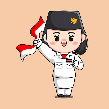 indonesia independence day flag raiser female character chibi kawaii flat cartoon illustrationのイラスト素材