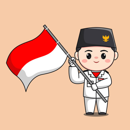 indonesia independence day flag raiser male character chibi kawaii flat cartoon illustrationのイラスト素材