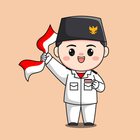 indonesia independence day flag raiser male character chibi kawaii flat cartoon illustrationのイラスト素材