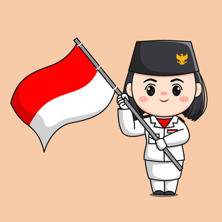 indonesia independence day flag raiser female character chibi kawaii flat cartoon illustrationのイラスト素材