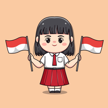 Indonesian student elementary school holding flag cute kawaii girl characterのイラスト素材