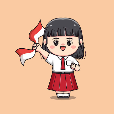 Indonesian student elementary school holding flag cute kawaii girl characterのイラスト素材