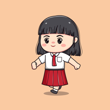 Indonesian student elementary school walking cute kawaii girl characterのイラスト素材