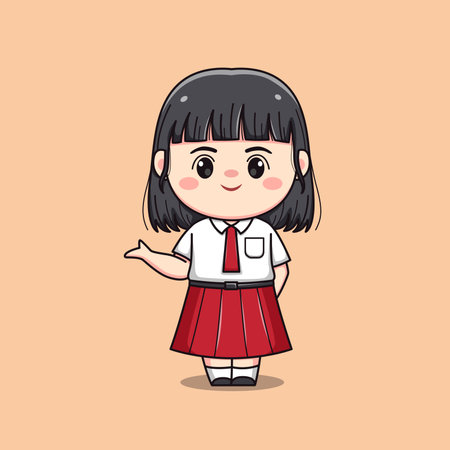 Indonesian student elementary school cute kawaii girl characterのイラスト素材