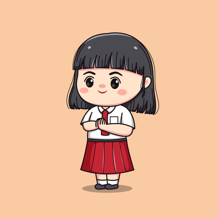 Indonesian student elementary school cute kawaii girl characterのイラスト素材