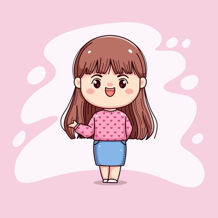 cute girl long hair with pink sweater showing something chibi kawaiiのイラスト素材