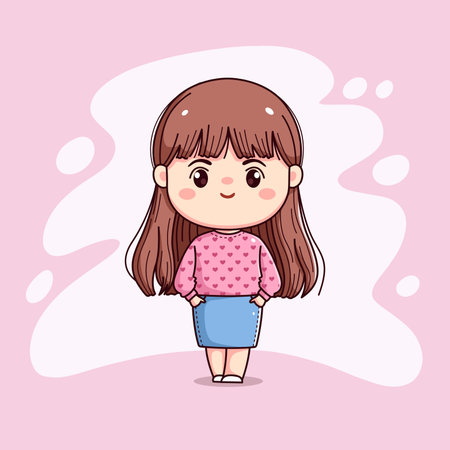 cute girl long hair with pink sweater standing chibi kawaiiのイラスト素材