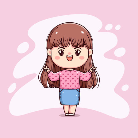 cute girl long hair with pink sweater peace sign chibi kawaiiのイラスト素材