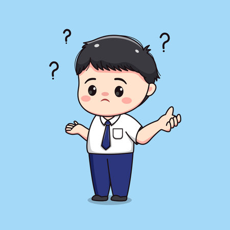 middle school student feeling confused or has a question cute kawaii boy characterのイラスト素材