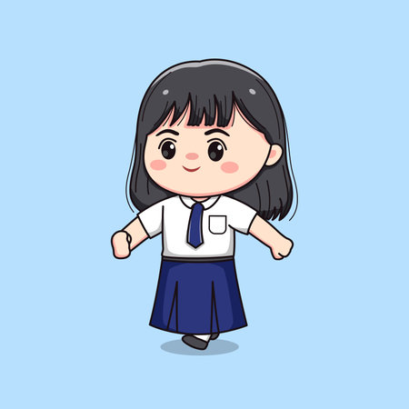 cute junior high school student girl walking chibi kawaiiのイラスト素材