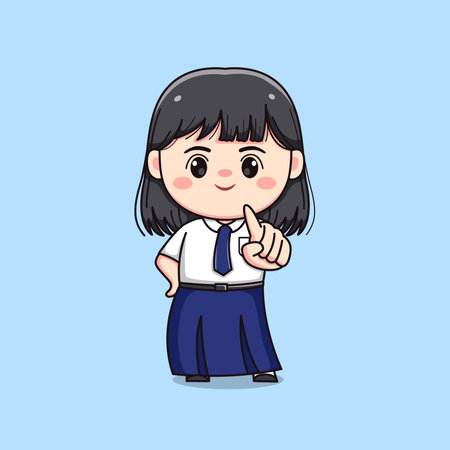 cute junior high school student girl with pointing finger chibi kawaiiのイラスト素材
