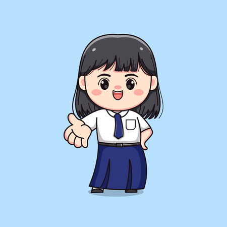 cute junior high school student girl greeting chibi kawaiiのイラスト素材