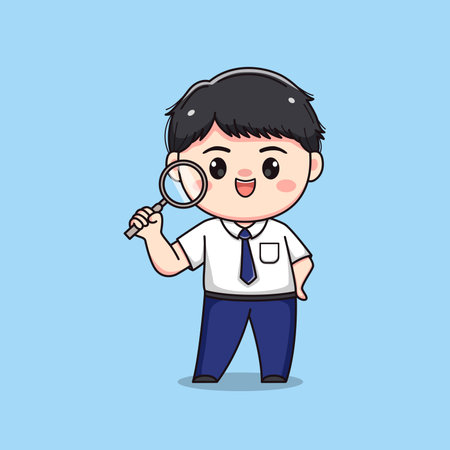 middle school student searching with magnifying glass cute kawaii boy characterのイラスト素材