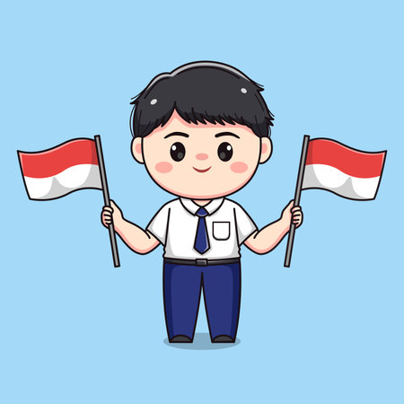Indonesian student middle school holding flag cute kawaii boy characterのイラスト素材