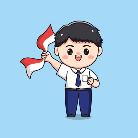 Indonesian student middle school holding flag cute kawaii boy characterのイラスト素材