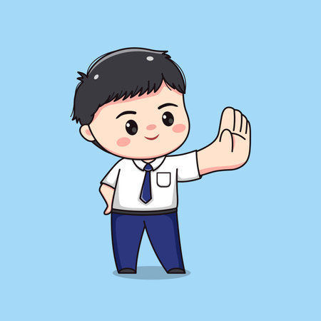 middle school student with stop sign cute kawaii boy characterのイラスト素材