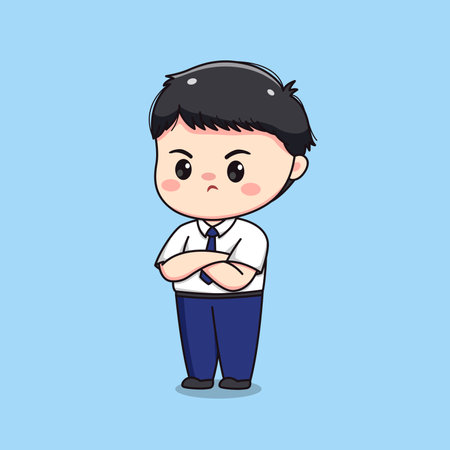 middle school student feeling mad or angry cute kawaii boy characterのイラスト素材