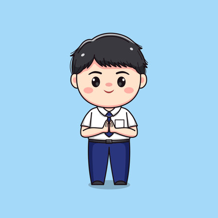 middle school student greeting cute kawaii boy characterのイラスト素材