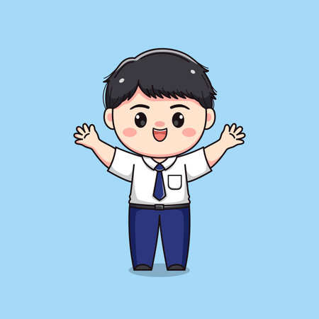 middle school student waving hands cute kawaii boy characterのイラスト素材