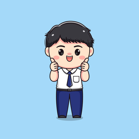 middle school student with good sign cute kawaii boy characterのイラスト素材