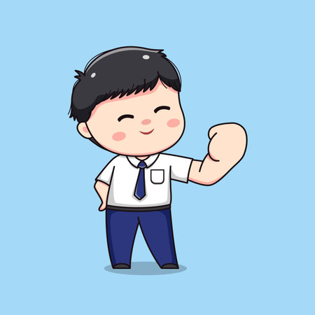 middle school student feeling proud cute kawaii boy characterのイラスト素材