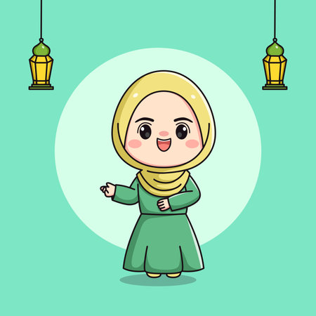 Cute Muslim girl character with welcoming handのイラスト素材