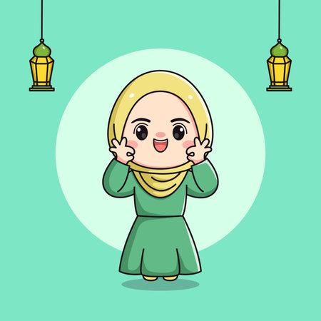 Cute Muslim girl character with ok fingersのイラスト素材