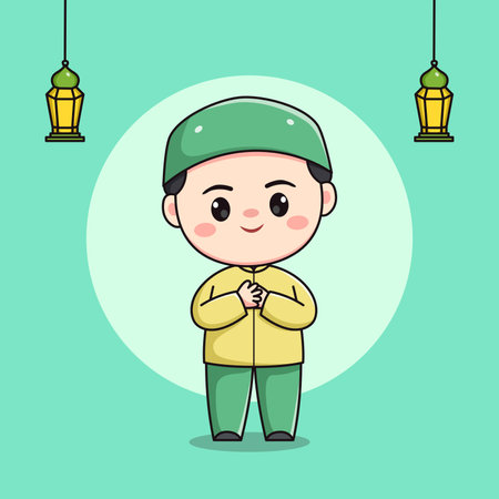 cute muslim child character with both hands on his chestのイラスト素材