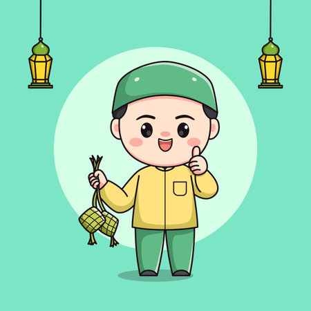 Cute muslim boy character holding ketupatのイラスト素材