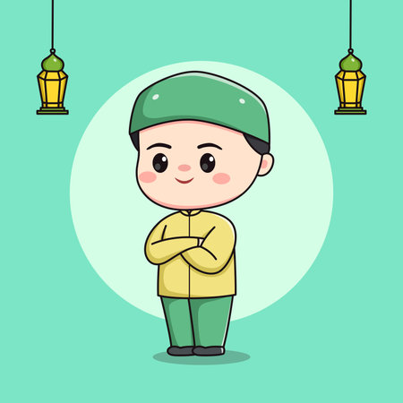 cute muslim child character with crossed armsのイラスト素材