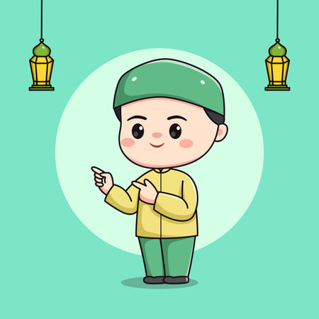 Cute Muslim child character with both index fingers forwardのイラスト素材