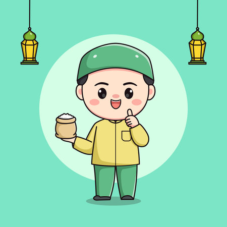 cute Muslim child character carrying zakat or riceのイラスト素材