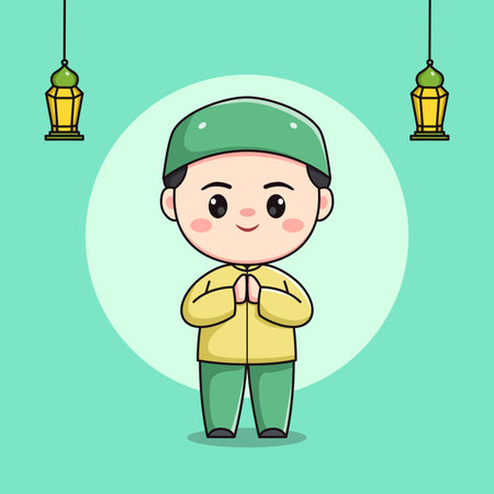 cute muslim child character with both handsのイラスト素材