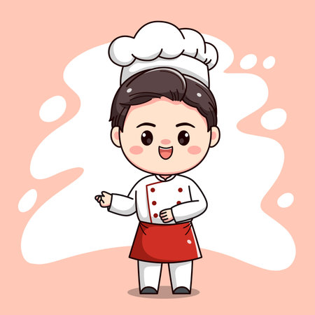 Cute chef boy character with welcoming handのイラスト素材